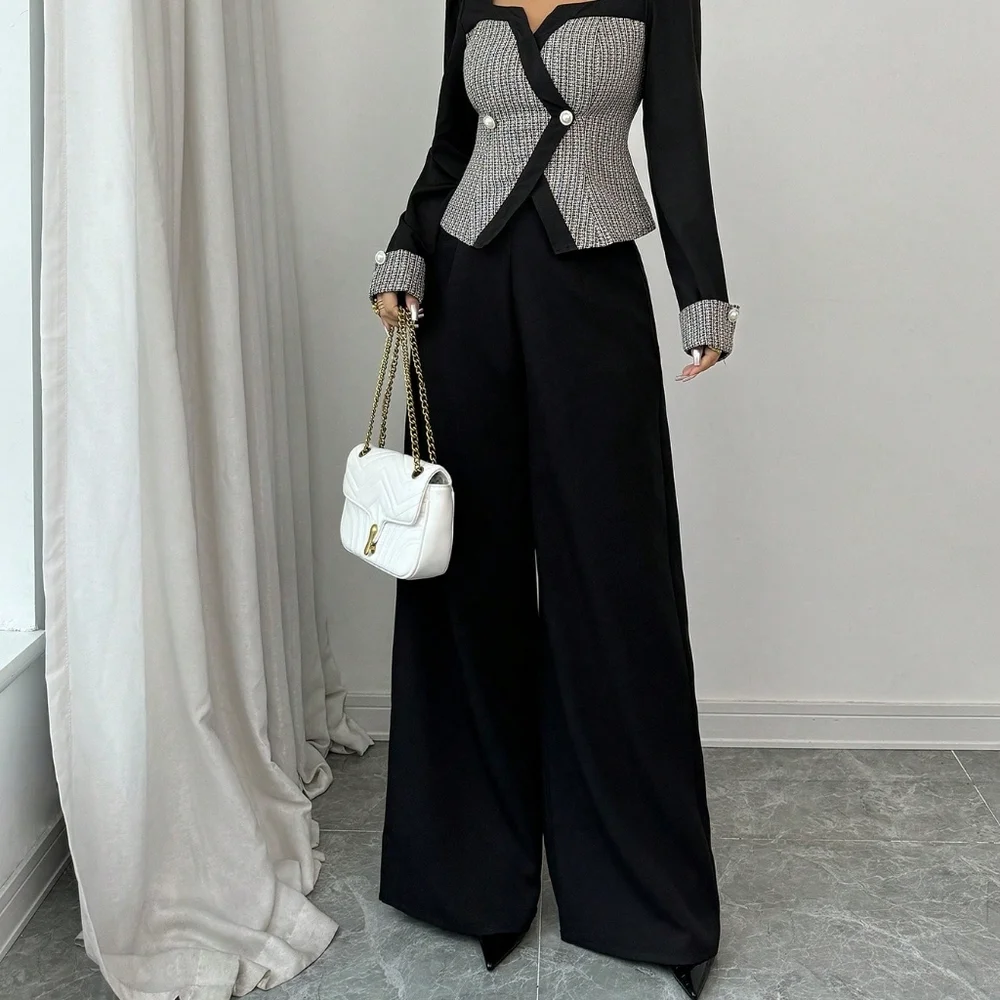 2pcs Women Elegant Color Block Cardigan & Wide Leg Pants Suit, Autumn - Picture 2 of 7